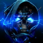 Glencoco, a metal skull in a dark hood with lightning eminating from its eyes